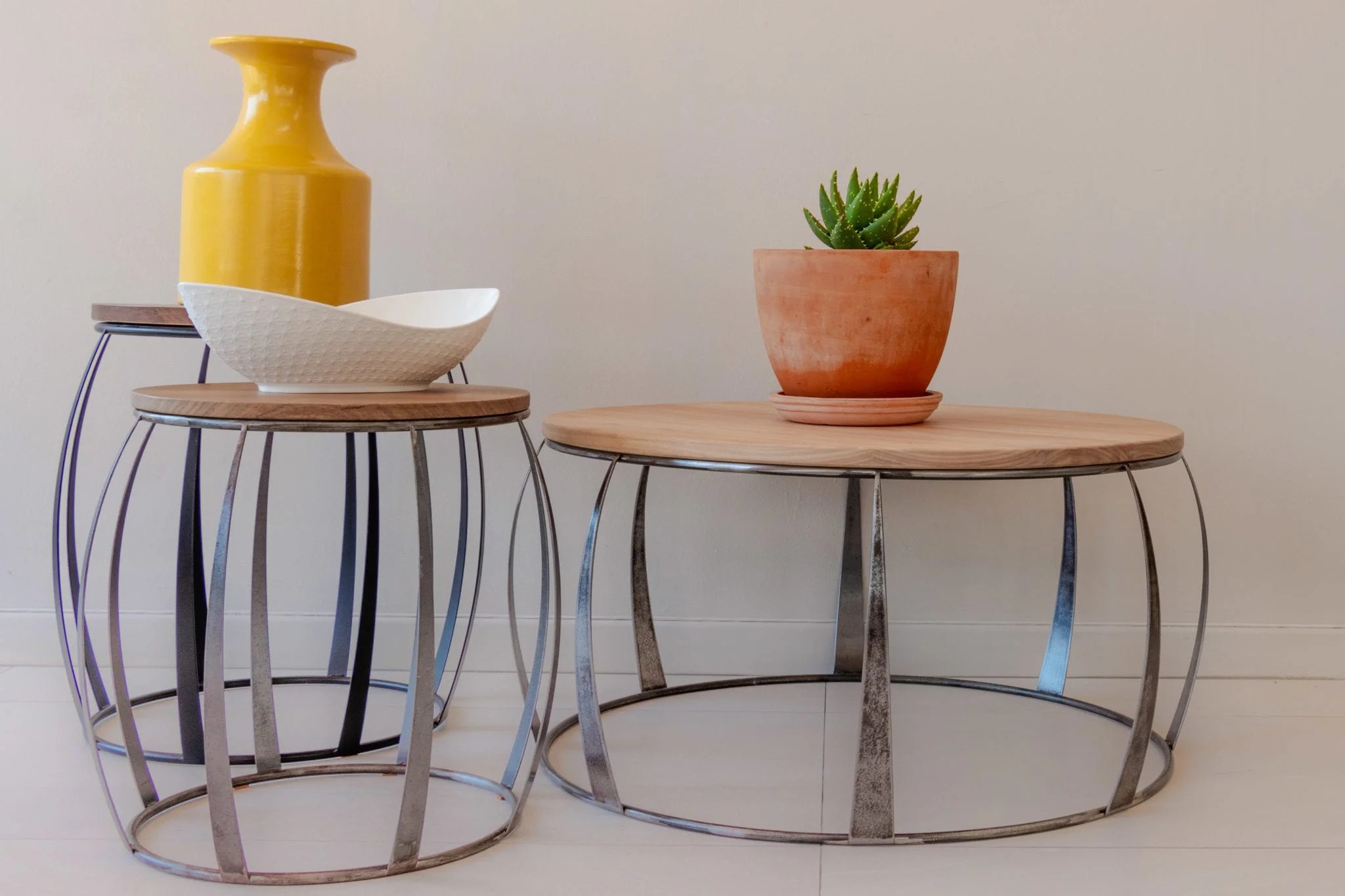 Raw steel frame wooden top coffee and side table set