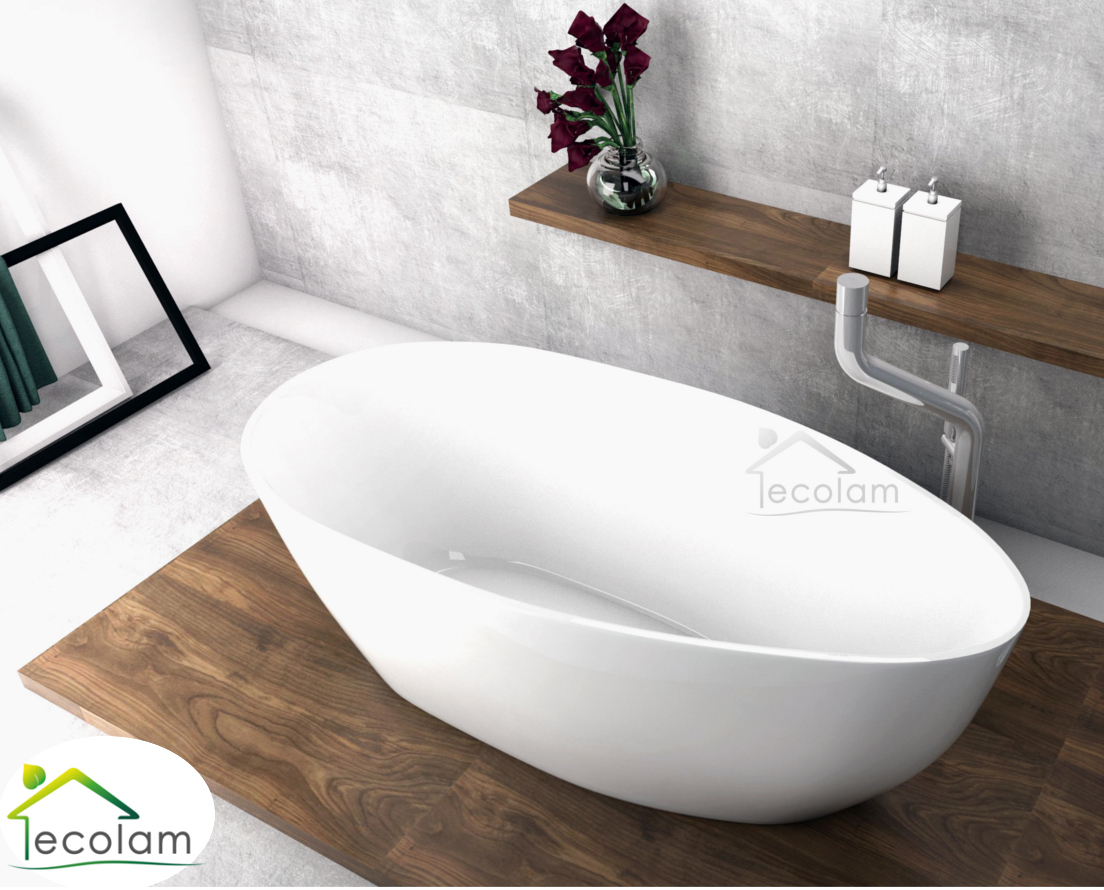 Freistehende Badewanne 160 x 70 cm Ablauf Click Clack Mineralguss Goya Bambus Ablage ECOLAM
