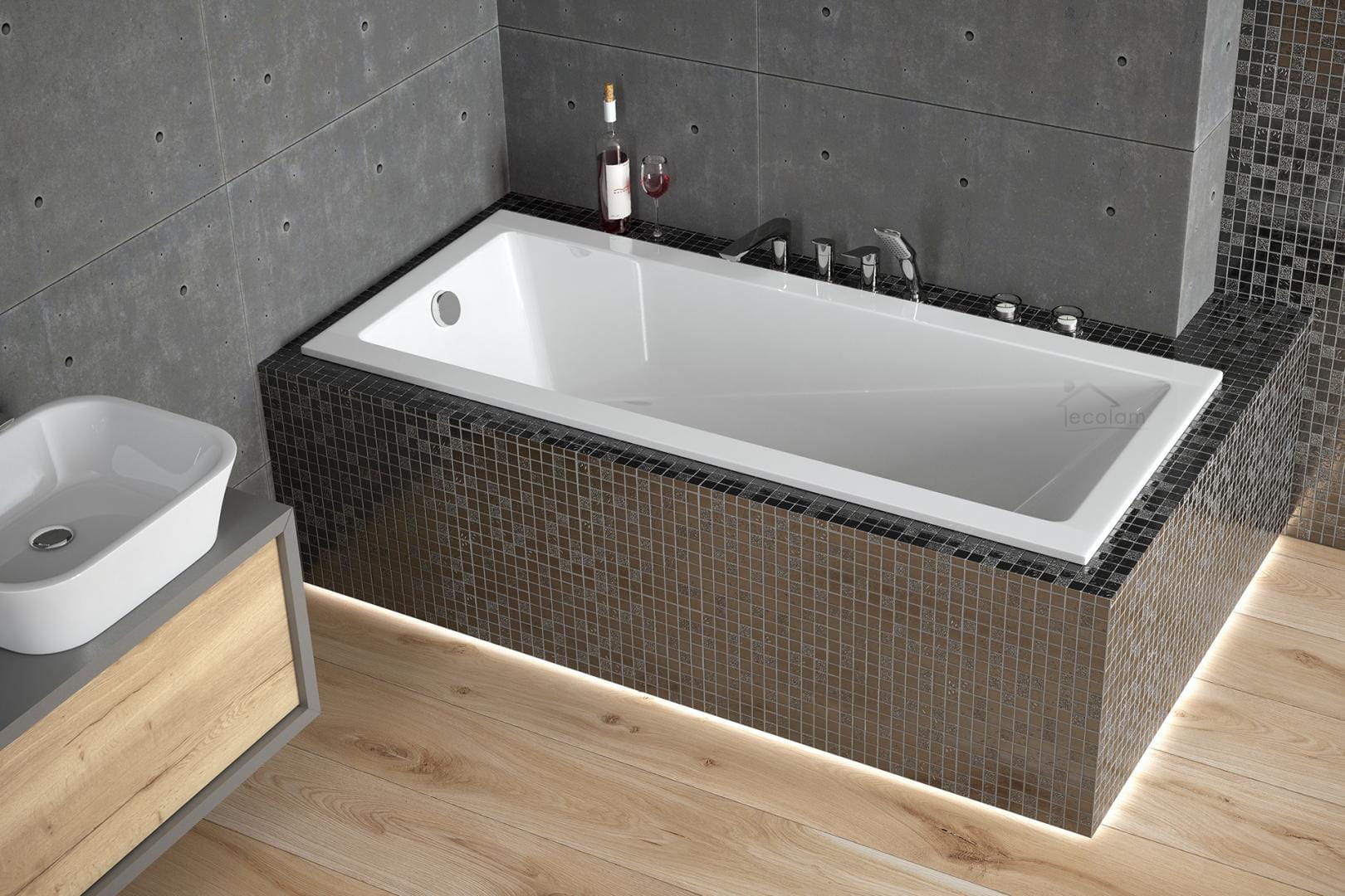 Badewanne Rechteck 160X70 Cm Modern Slim Niedriger Rand Acryl Optional Styroporverkleidung Wannenträger Ecolam