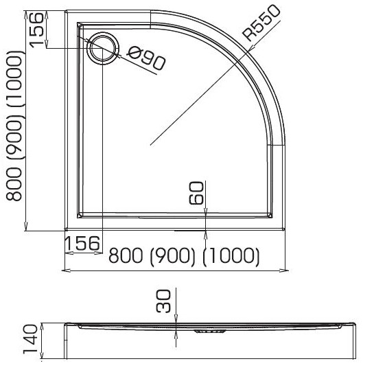 Duschwanne Viertelkreis 90 x 90 x 14 cm Competia R55cm ECOLAM