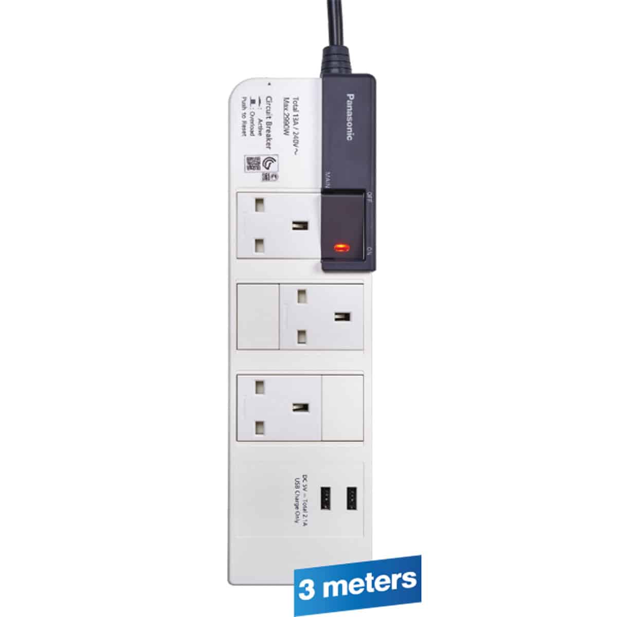 Panasonic 3Way + 2 USB Charger Extension Cord 3m Ecolux