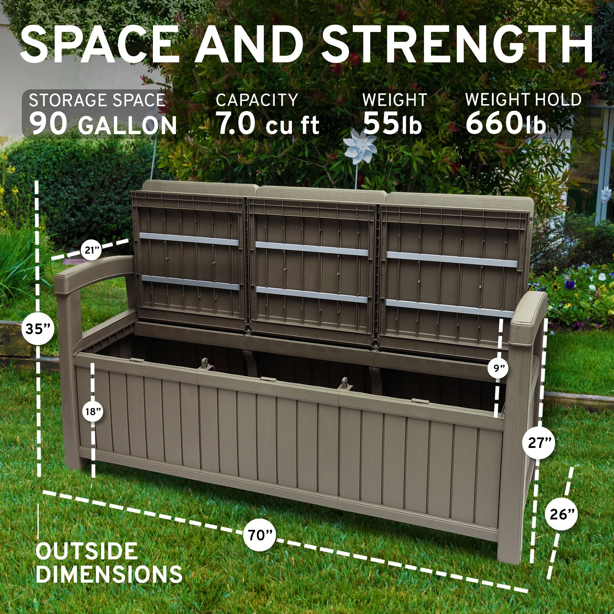 EconoHome 3 Seat Outdoor Storage Bench 90 Gallon Capacity Econohome