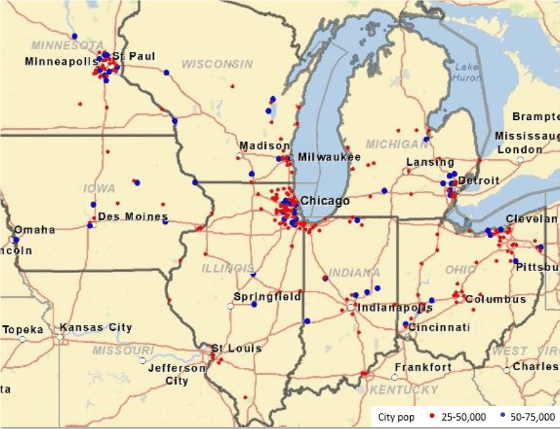 Downtown Business Mix Analysis Midwest Cities with Population between
