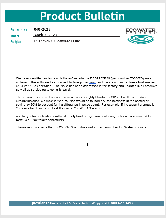 2023 Bulletin ESD2752R39 Software EcoWater Systems