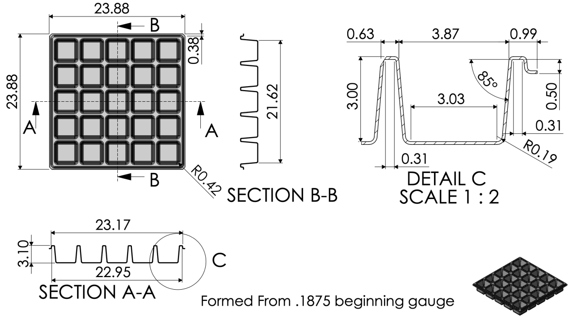 25 Cavity Large Plastic Tray 3" X 3" X 3" Depth Cavity