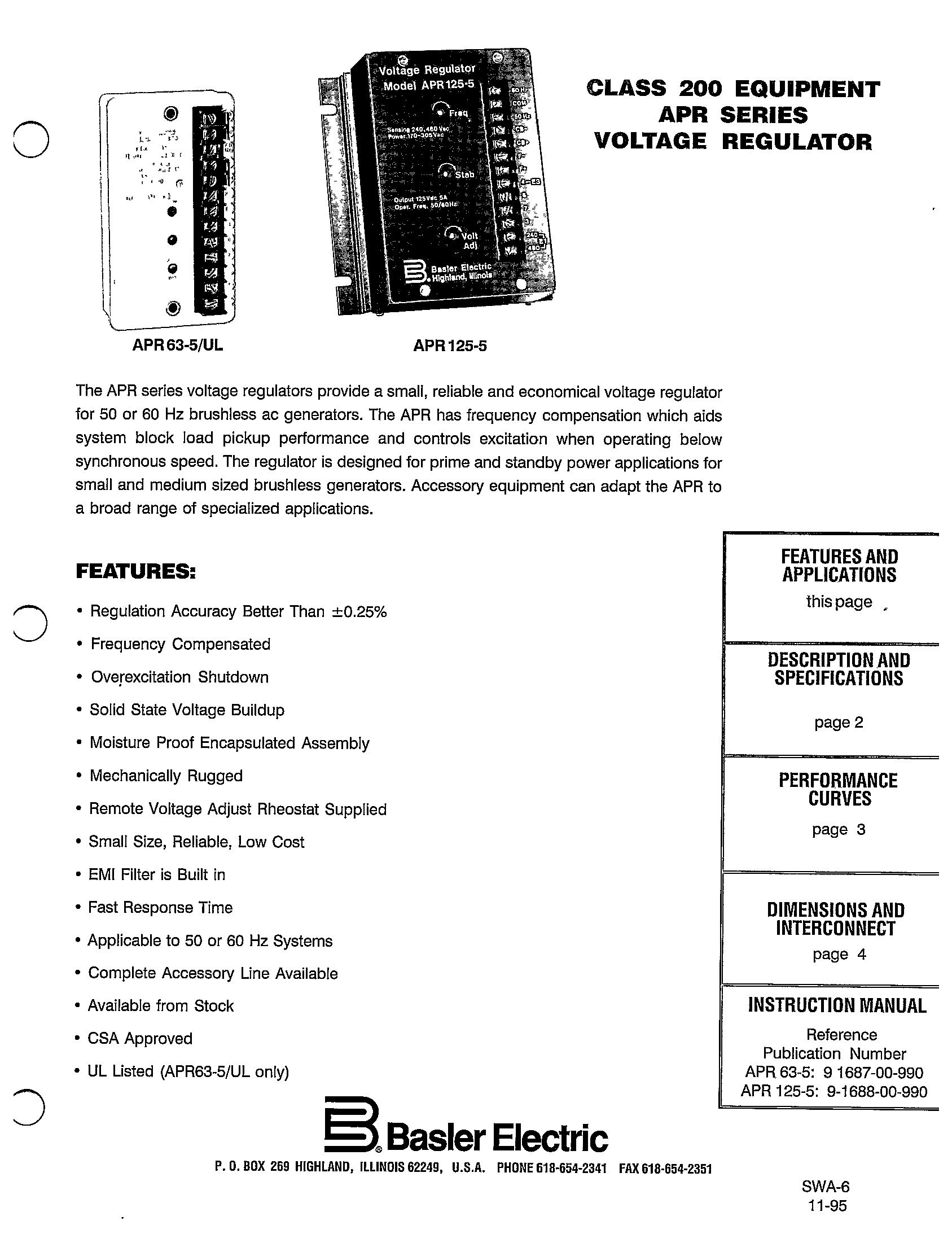 CLASS 200 EQUIPMENT APR SERIES VOLTAGE REGULATOR MANUAL BASLER ELECTRIC ECP Solutions Our