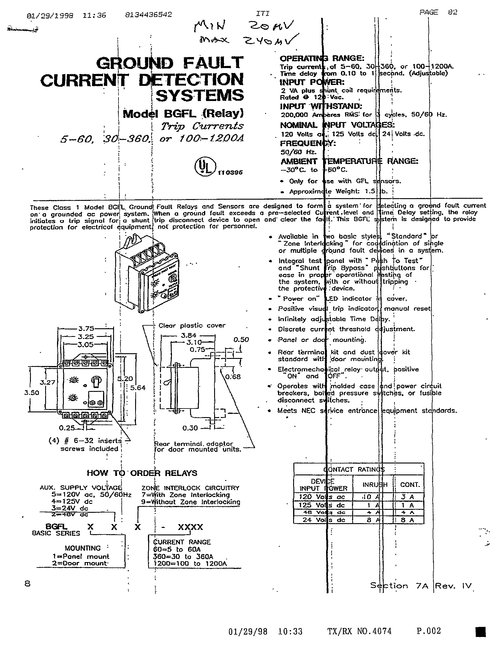 GROUND FAULT CURRENT DETECTION SYSTEMS MODEL BGFL (RELAY) MANUAL