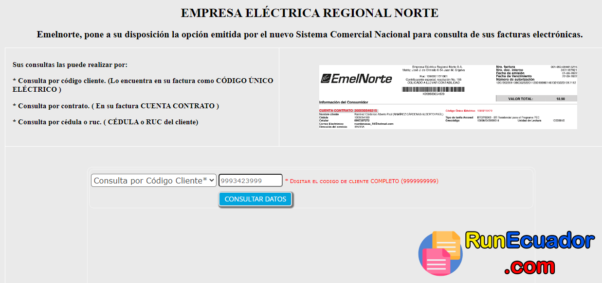 Consultar planilla de luz Ibarra EmelNorte 2024