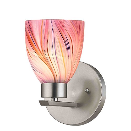 Modern Sconce Wall Light with Pink Glass in Satin Nickel Finish jhjkxdgk