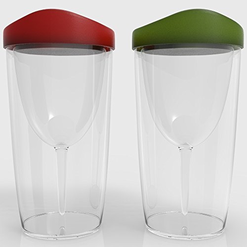 Wineova Plastic Wine Glasses with Lid, 10 Ounze, Set of 2, with Red and