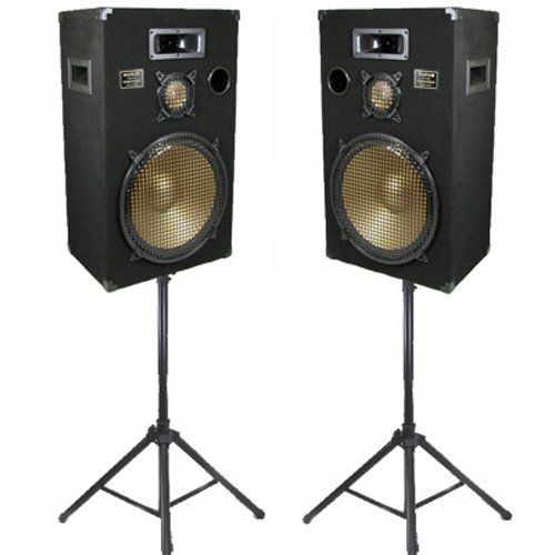 Cheap New 15" Speakers 3 Way Pro Audio Monitor Pair and Stands DJ Set for PA Home or Karaoke