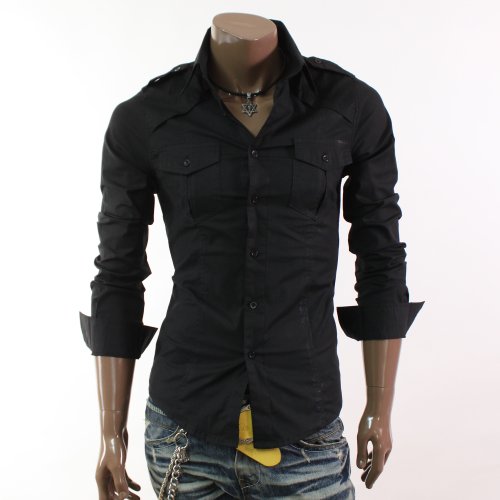 Mens Casual Shoulder Strap Pocket Slim Dress Shirts BLACK(CJL) Blazer