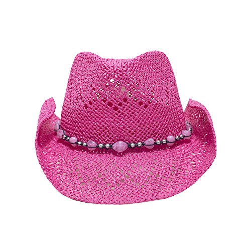 Pink Straw Cowboy Hat for Women with Beaded Trim and Shapeable Brim