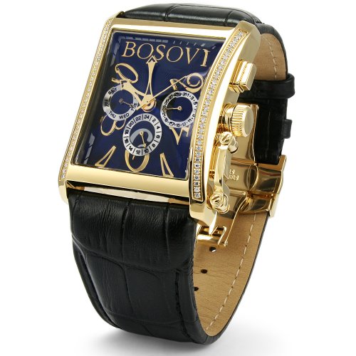 Best Offer Bosovi Mens Designer Watch with Swiss Movement and 64 Diamonds 18K Yellow Gold Pl