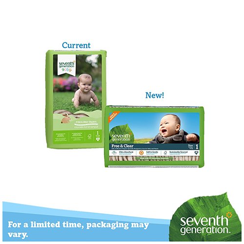 Seventh Generation Free and Clear, Unbleached Baby Diapers, Size 1, 160