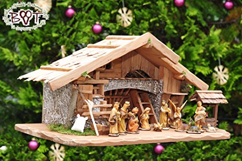 Holz Weihnachtskrippe K60MFHOBRK, NEU MIT BRUNNEN + BELEUCHTUNG