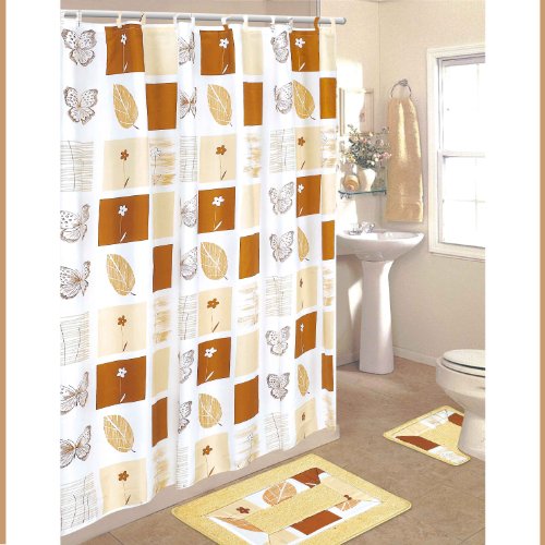 Butterfly 15Piece Bathroom Set 2Rugs/Mats, 1Fabric Shower Curtain