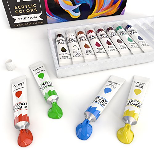 Arteza Acrylic Paint Set 12 Colors Premium Quality Tubes Canvas Wood