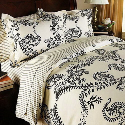 Tropical Print Cream Black Floral Bedding Duvet Cover Set Full/Queen