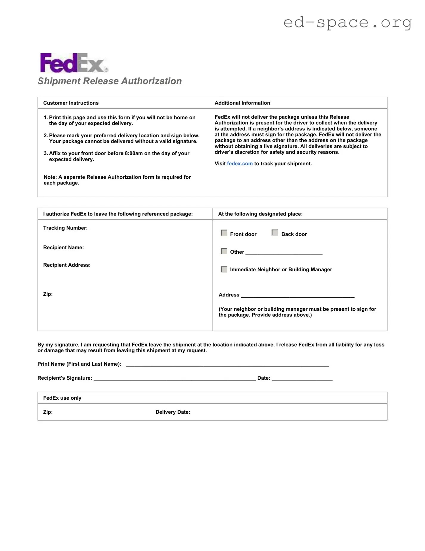 Fedex Release Form » Fillable PDF Template(03)