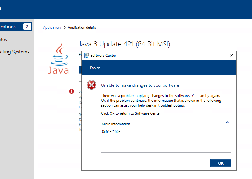 Java Client 8 Update 421 Failing Install, Error 1603 Lab Core The