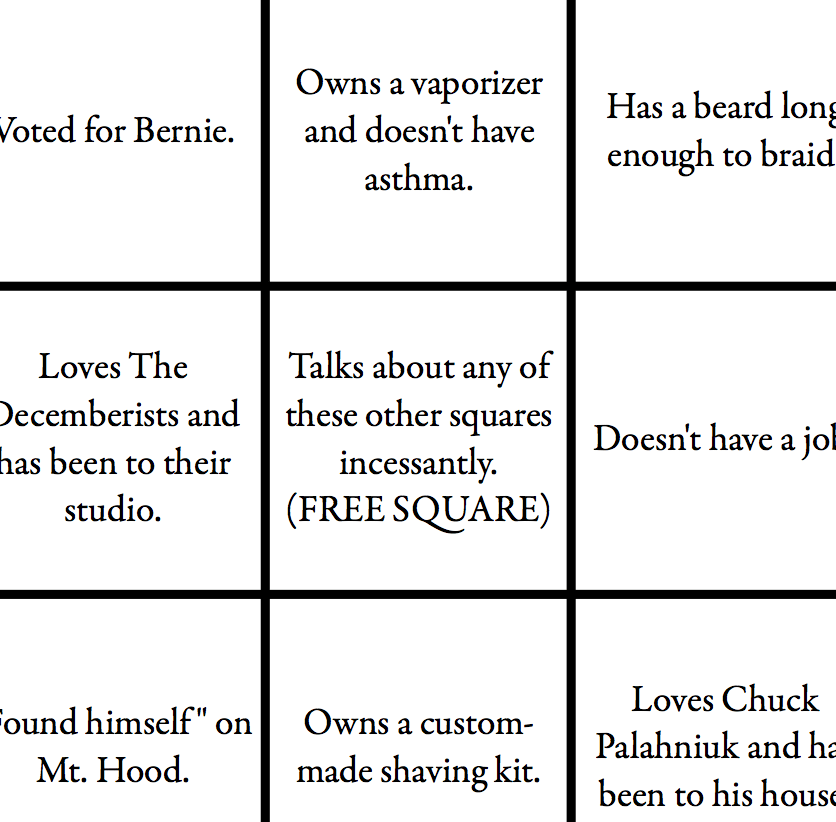 Portland Online Dating Bingo (Male Version) McSweeney’s Tendency