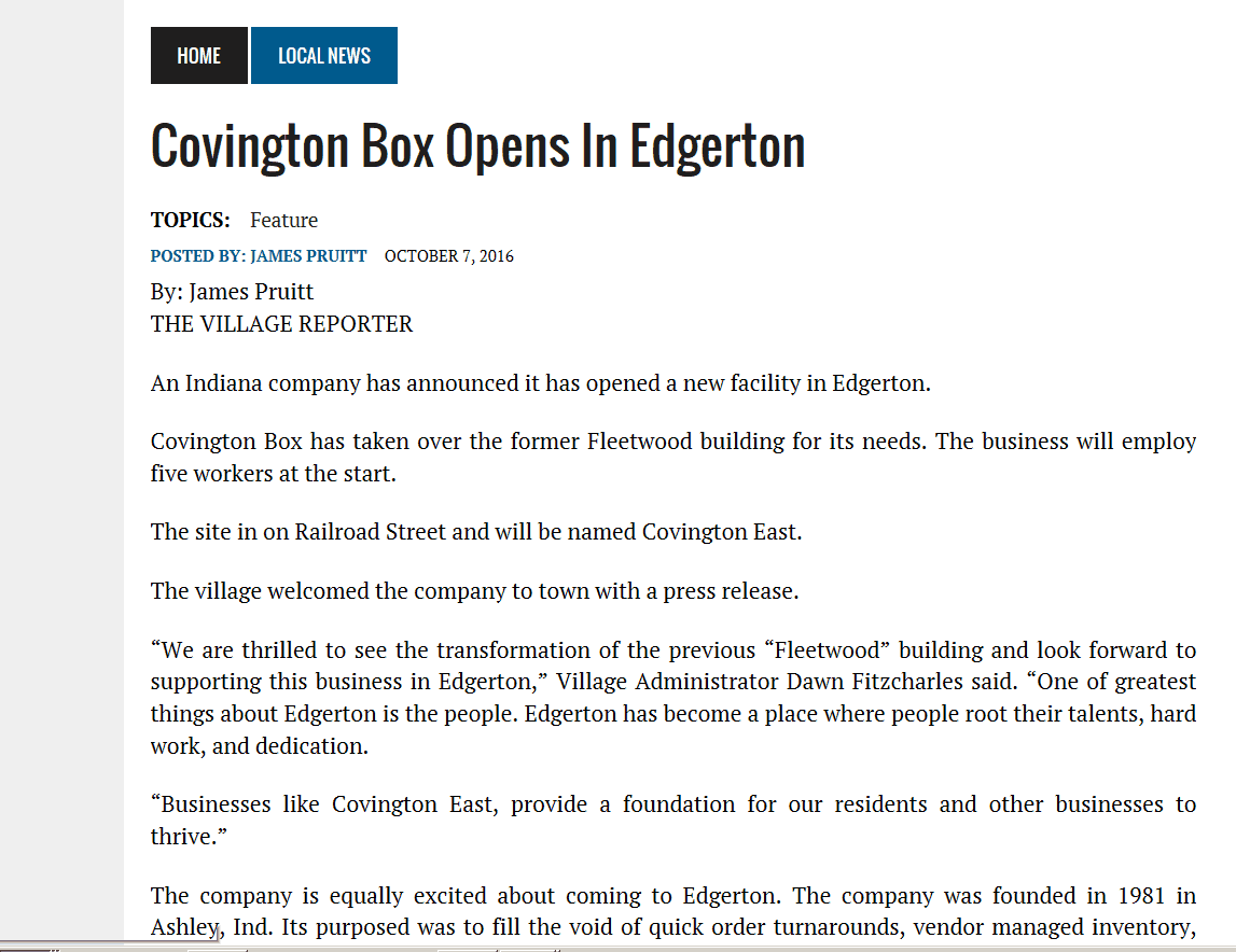 Current Village News Village of Edgerton