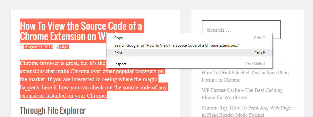 chrome print selection