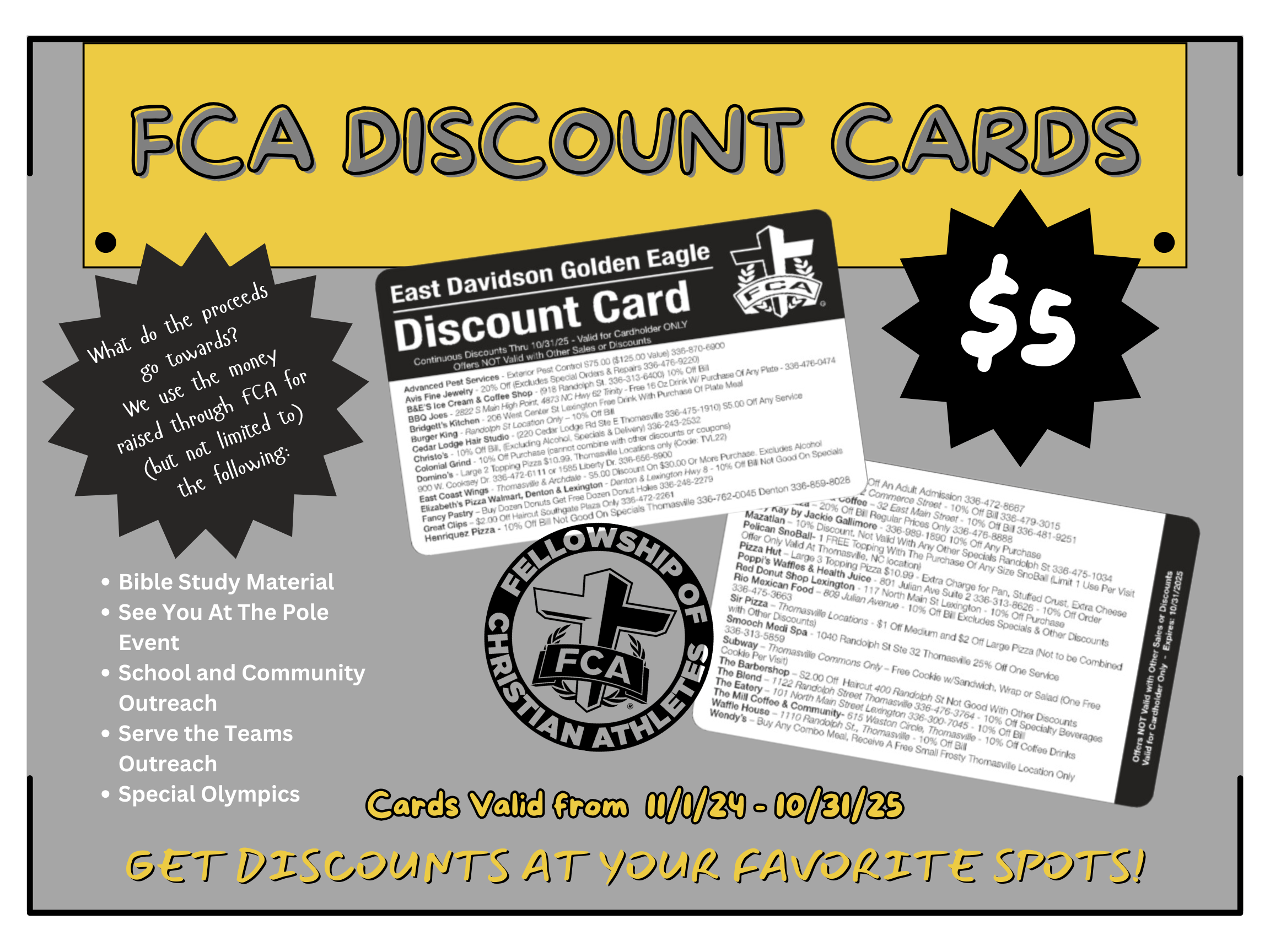 FCA Discount Cards are on sale now! East Davidson High School