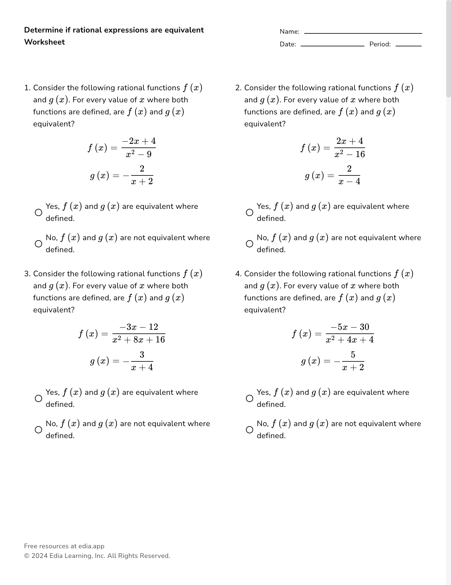 Rational Algebraic Expressions Worksheet With Answers Practice(07)
