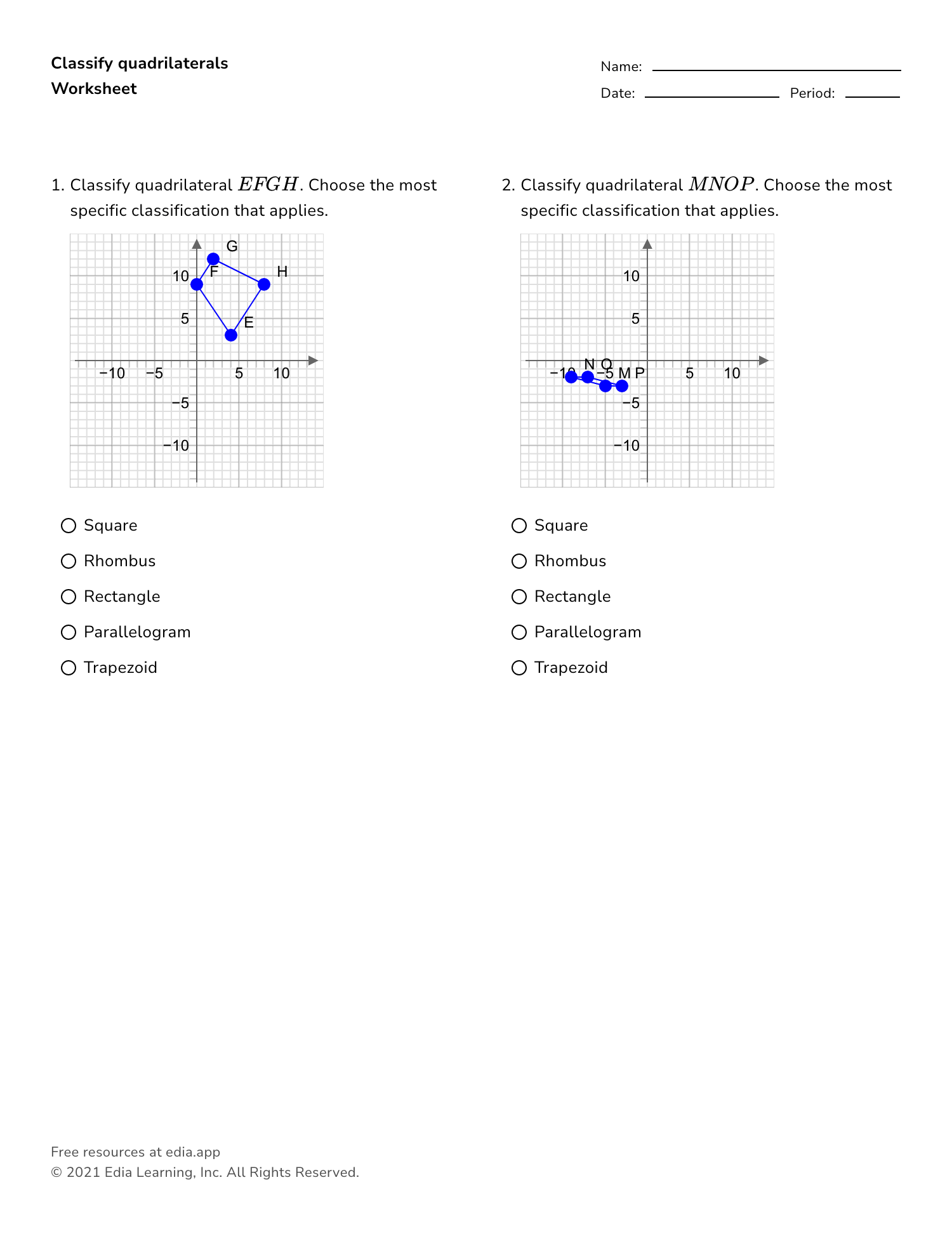 Classifying Quadrilaterals Worksheet