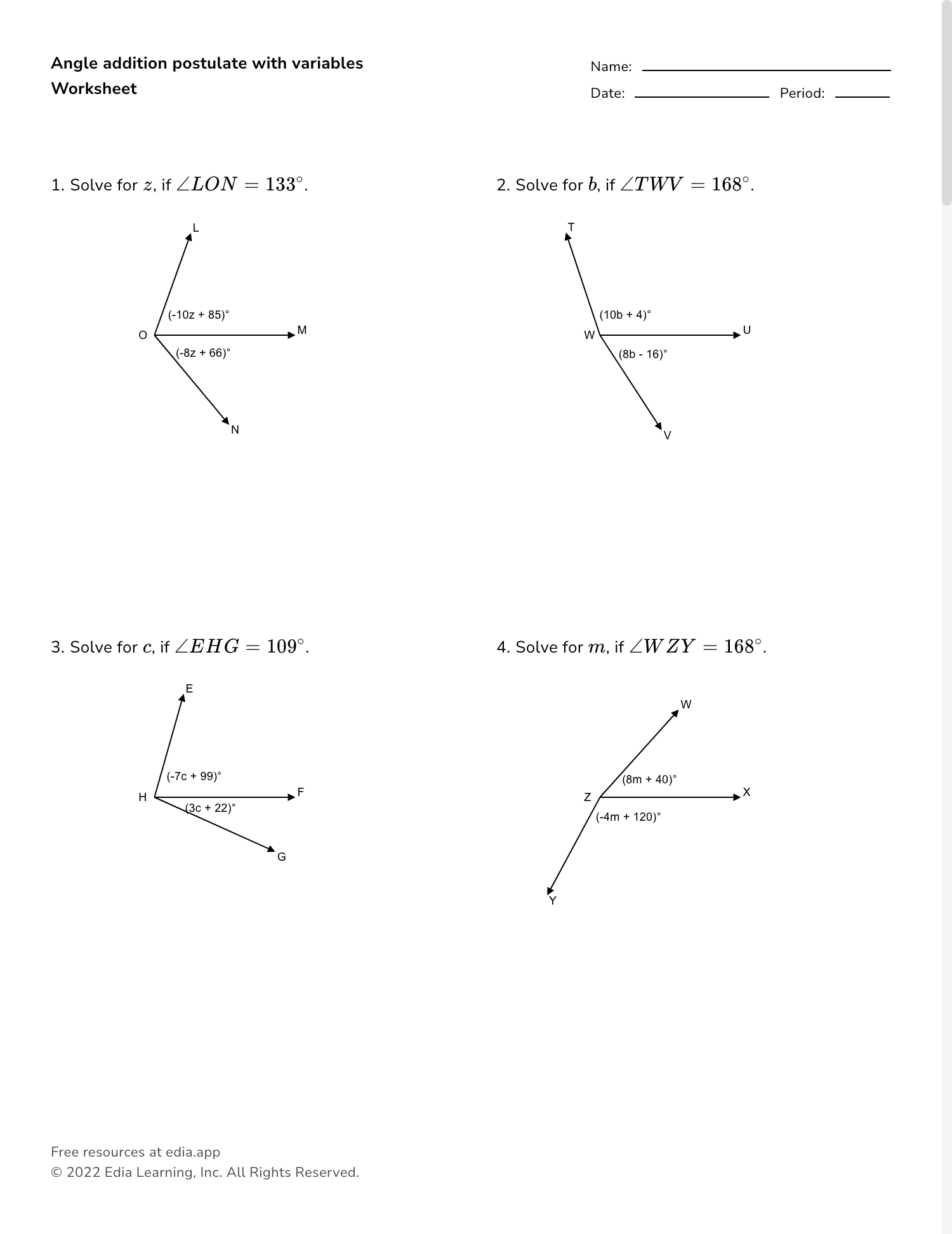 Angle Addition Postulate Worksheet