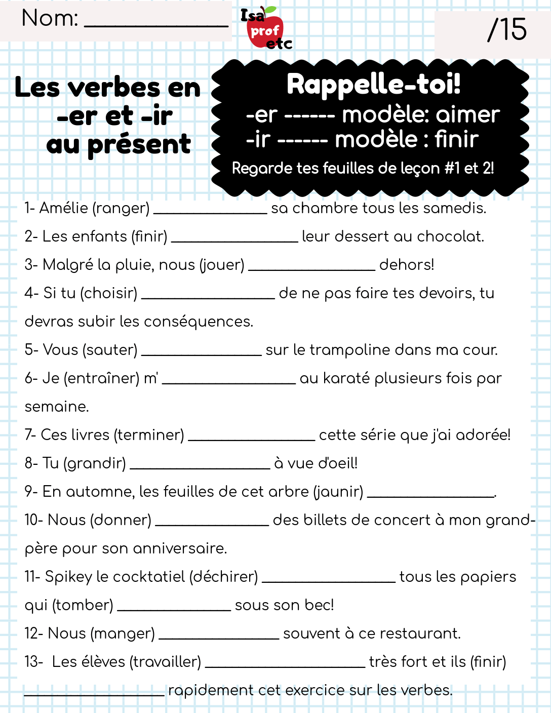 Verbe er et ir au présent, Exercices et activités, Évaluations