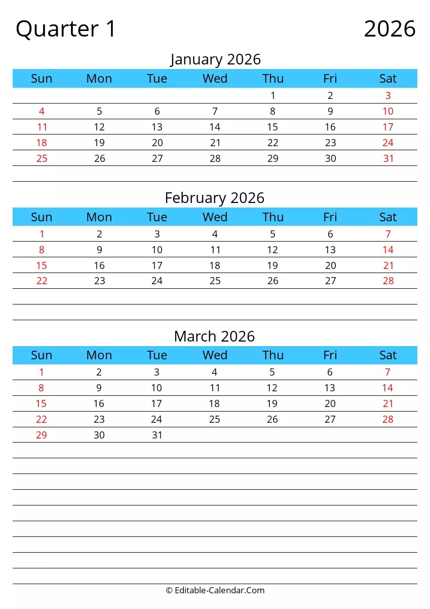 Download Free Printable Quarter 1 2026, Sunday Start
