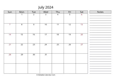 Editable Calendar July 2024 in Excel, Word, PDF