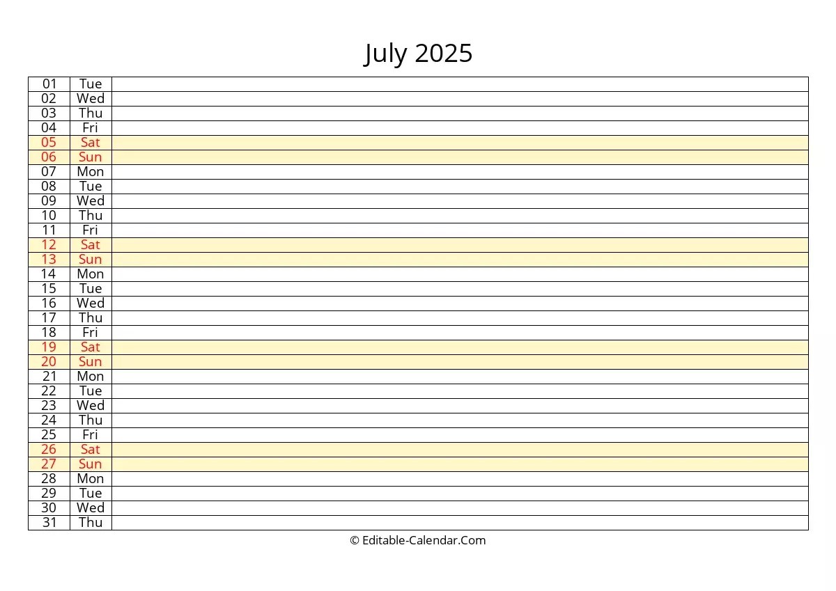Download Lined July Calendar 2025, weeks start on Sunday