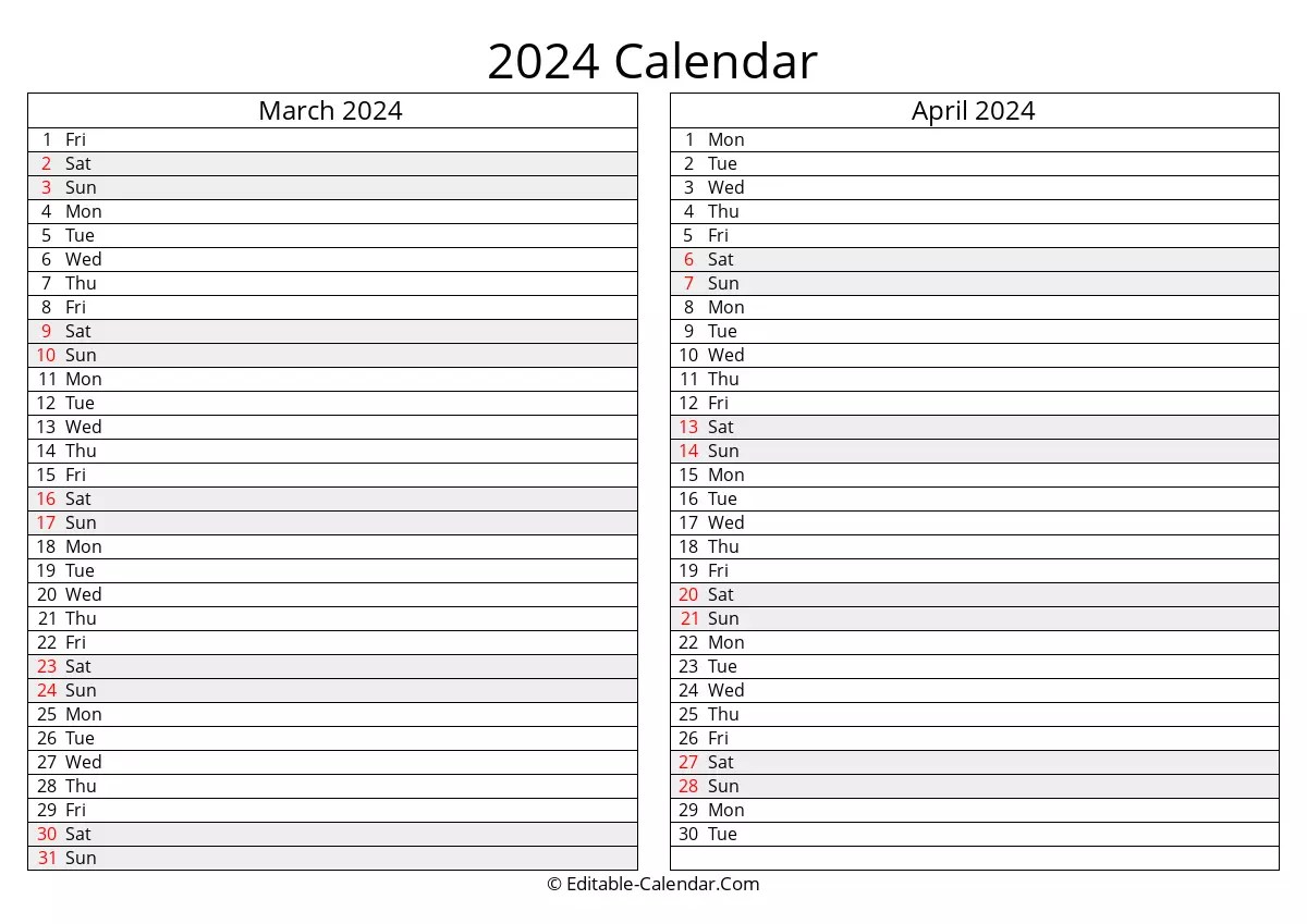 Editable March April 2024 Calendar in Excel, Word, PDF