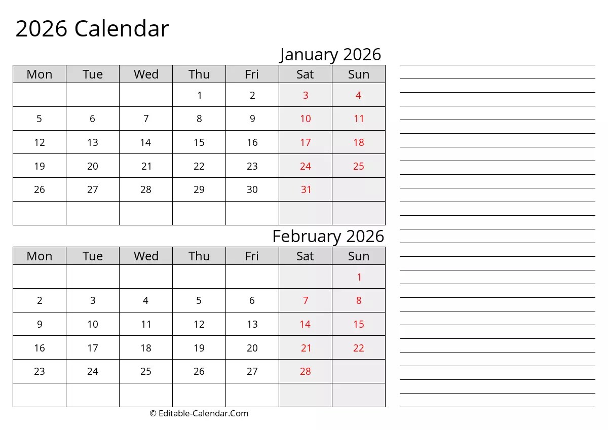 Printable Calendar January 2026 And February 2026