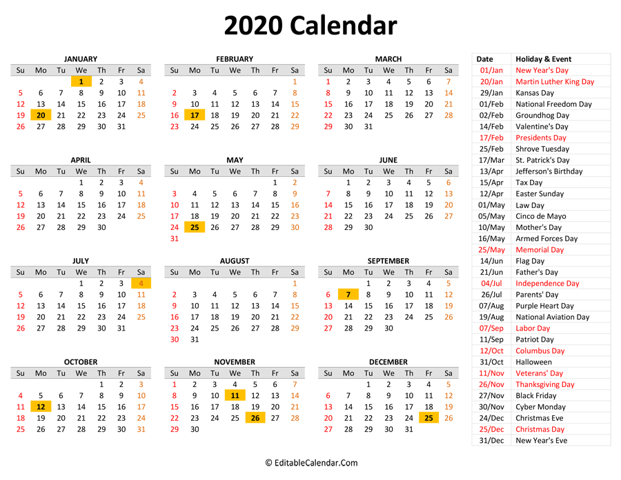 2020 Printable Calendar with Holidays