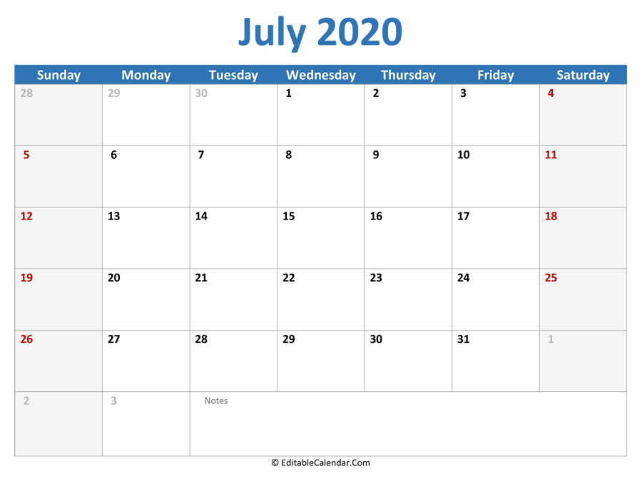 July 2020 Printable Calendar with Holidays