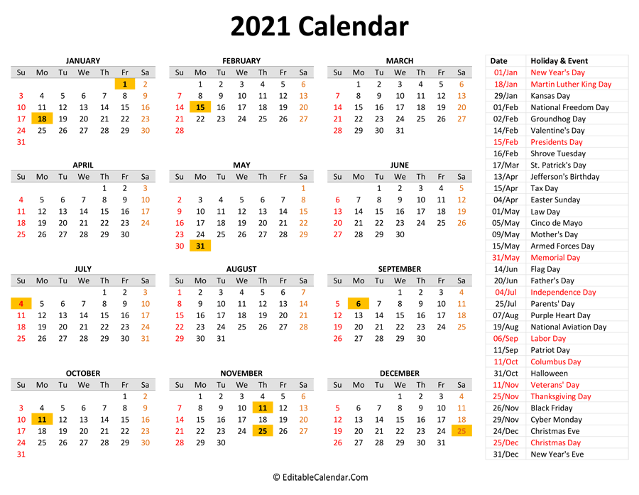2021 Printable Calendar with Holidays