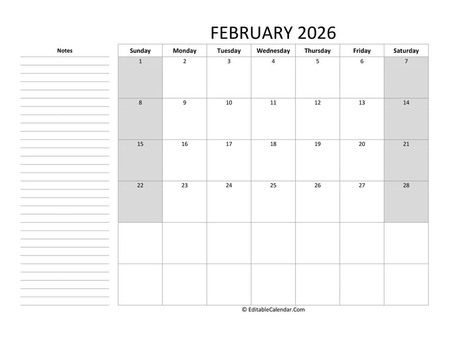 Download Editable February 2026 Calendar With Notes (PDF Version)