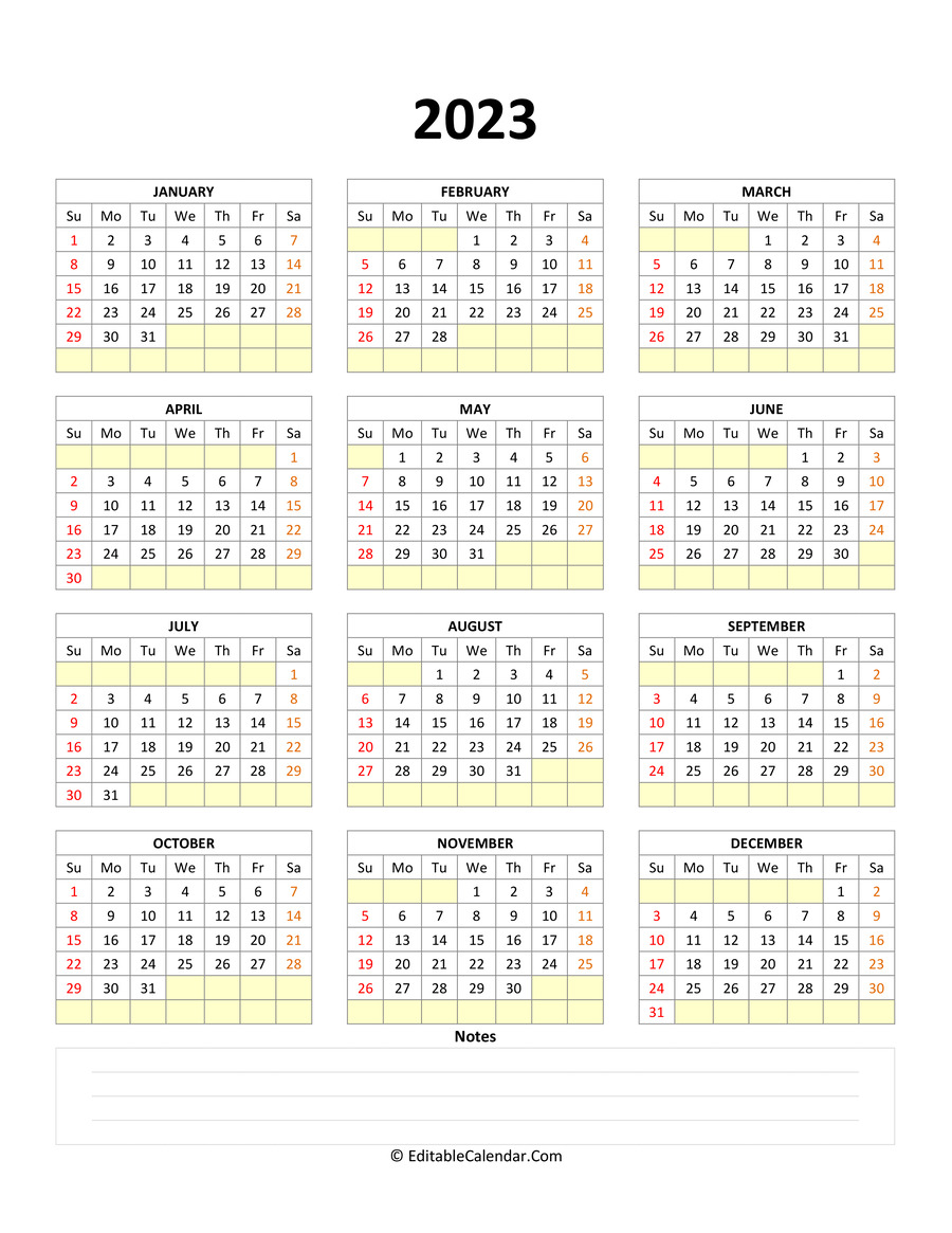Fillable Calendar 2023 With with Notes
