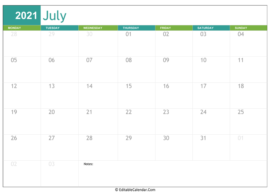 Editable Calendar July 2021