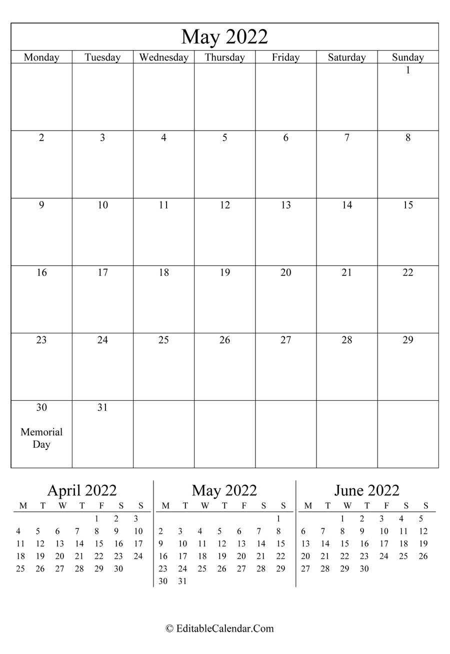 Editable Calendar May 2022