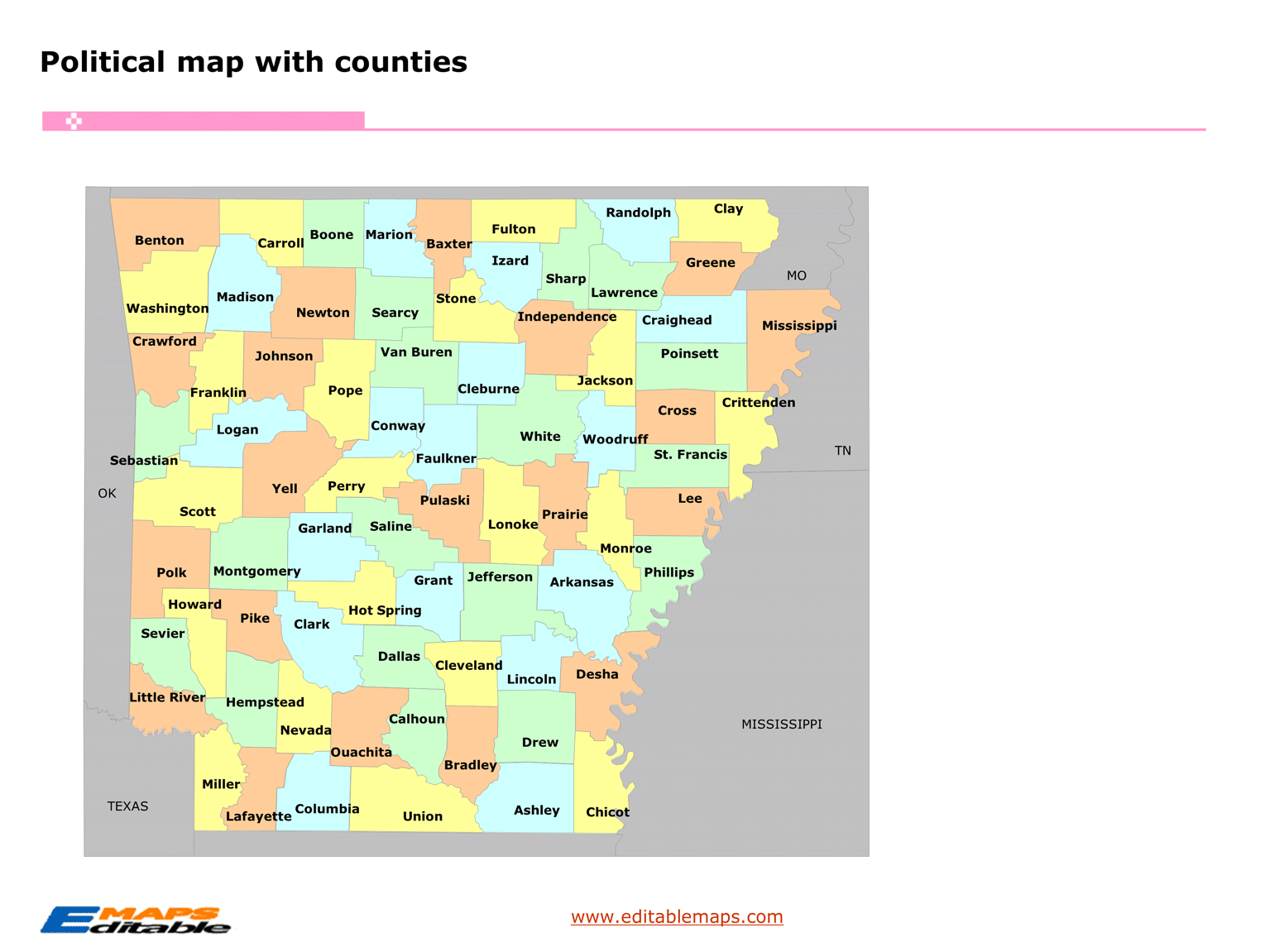 Arkansas county map Editable PowerPoint Maps