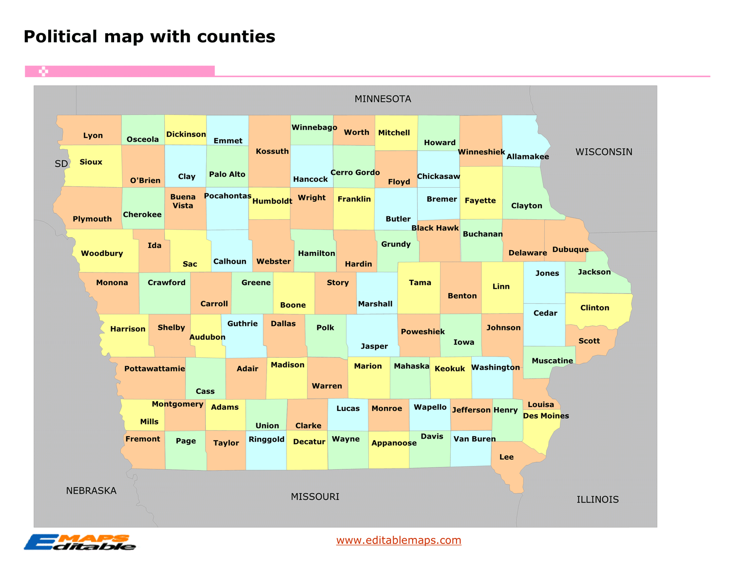 Iowa county map Editable PowerPoint Maps