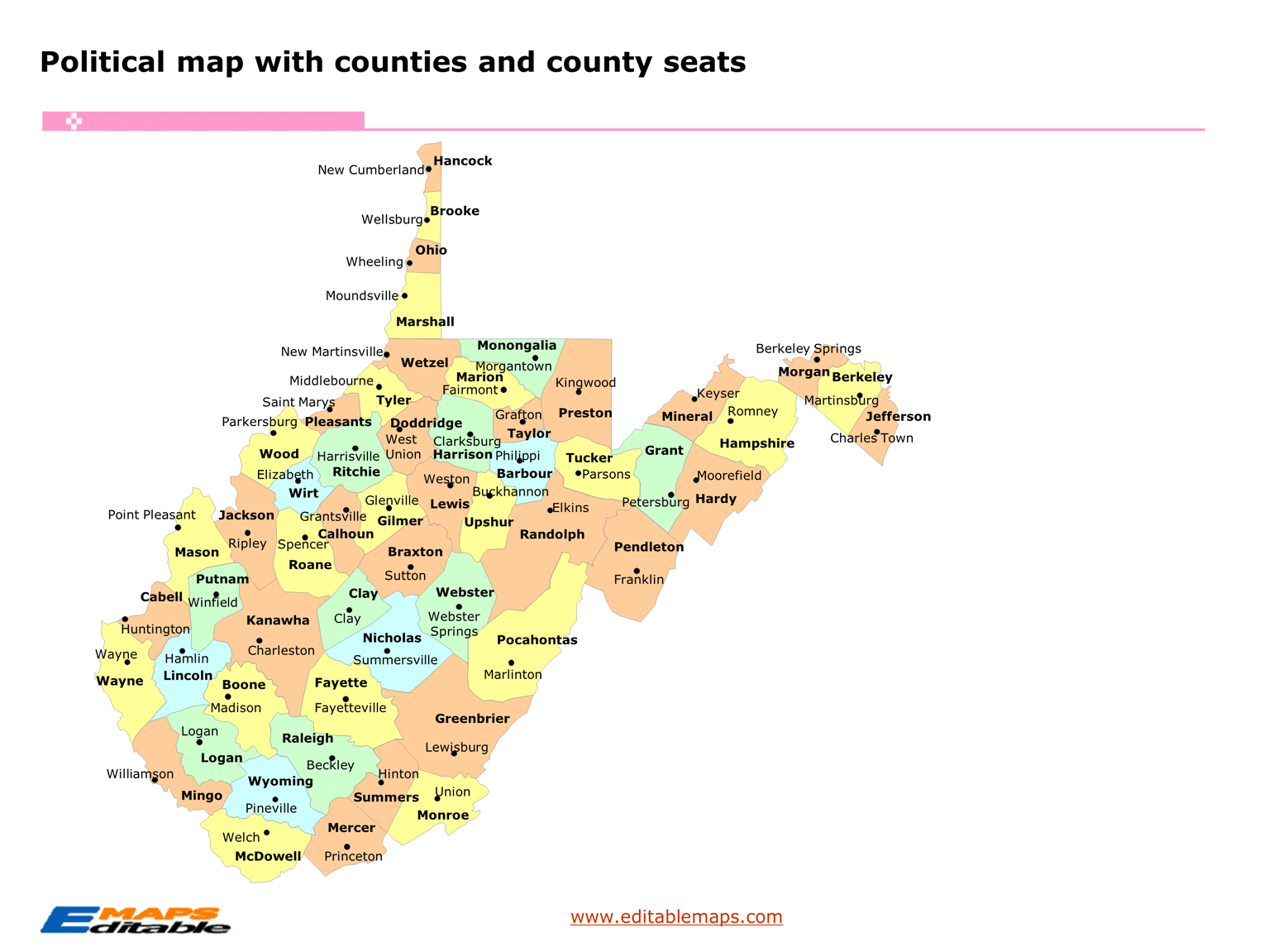 West Virginia county map Editable PowerPoint Maps