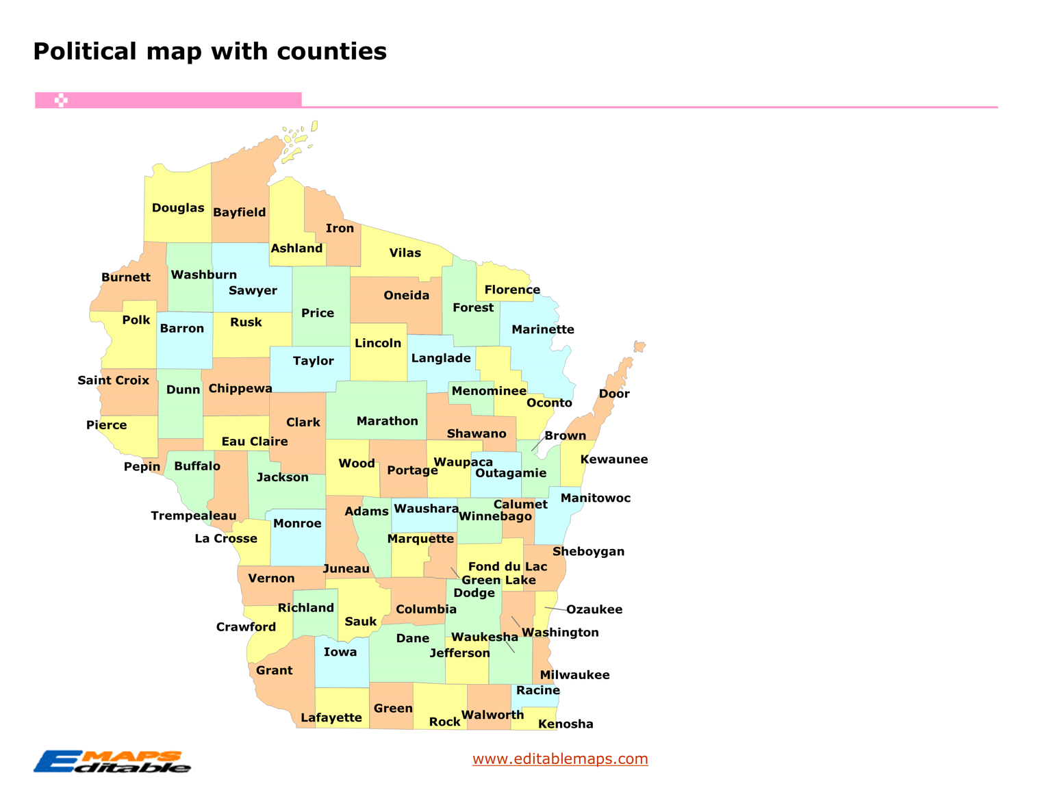 Wisconsin county map Editable PowerPoint Maps