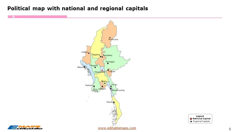 Myanmar Map with 7 regions, 7 states, 1 union territory and 74